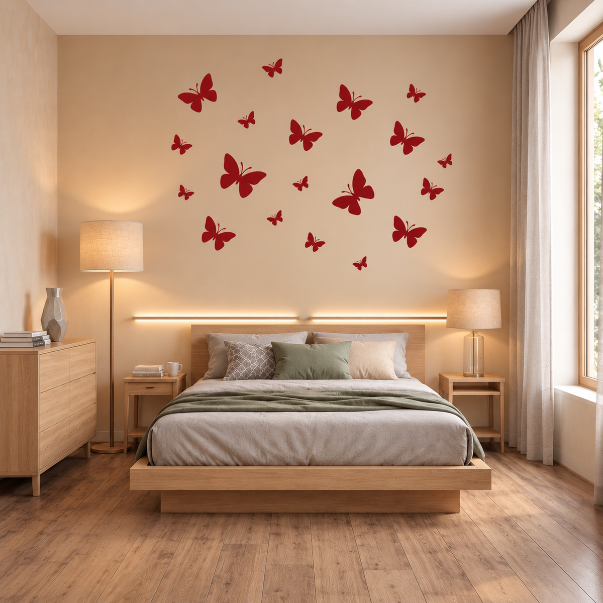 Butterfly Pattern Stencil in red on a warm neutral wall above the bed in a modern bedroom