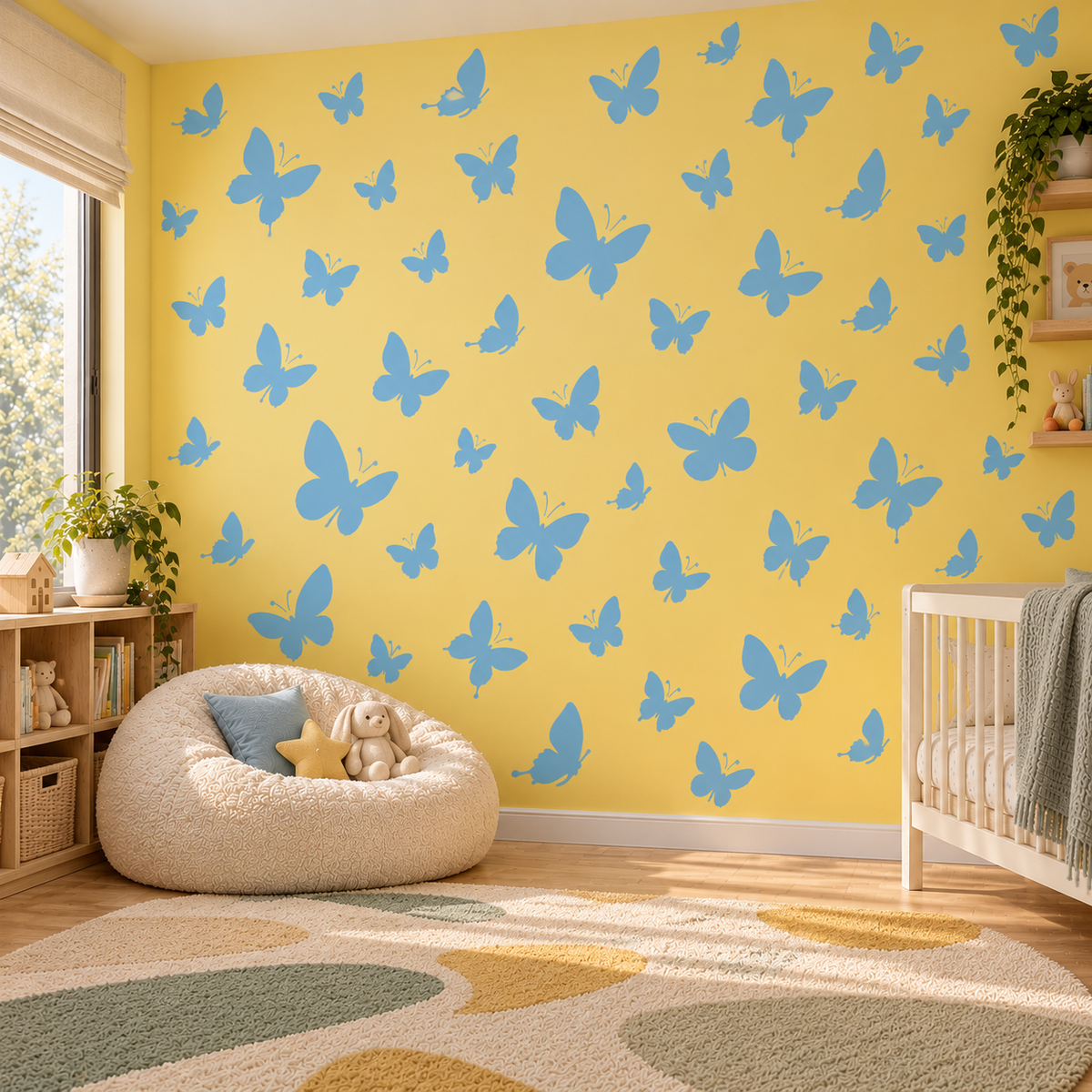 Butterfly Stencil in soft blue on a sunny yellow nursery wall