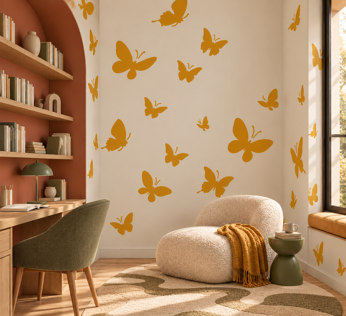 Butterfly Stencil in mustard yellow on a neutral wall in a warm modern home office