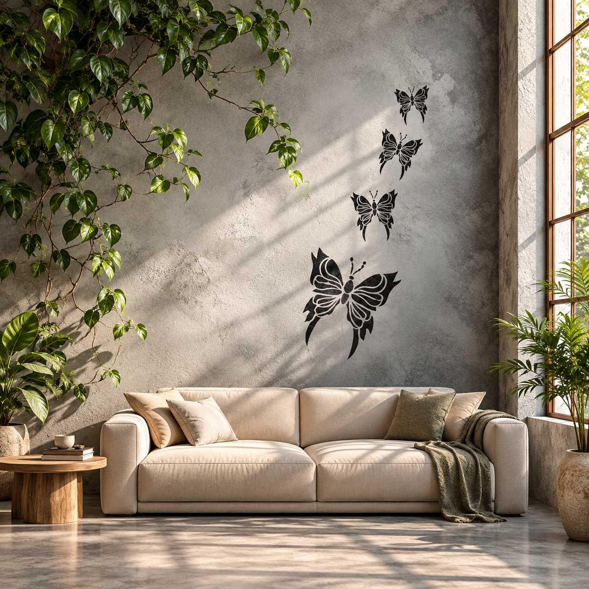 Black butterfly stencil set creating an ascending wall design above a neutral sofa in a modern living room with concrete textures and greenery.