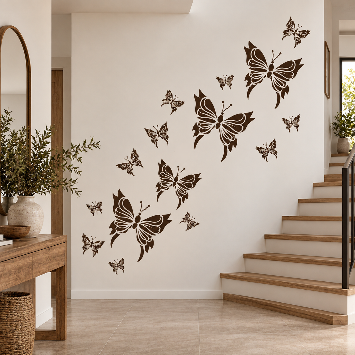 Brown butterfly stencil set arranged in a flowing upward composition along a white staircase wall with warm natural wood accents.
