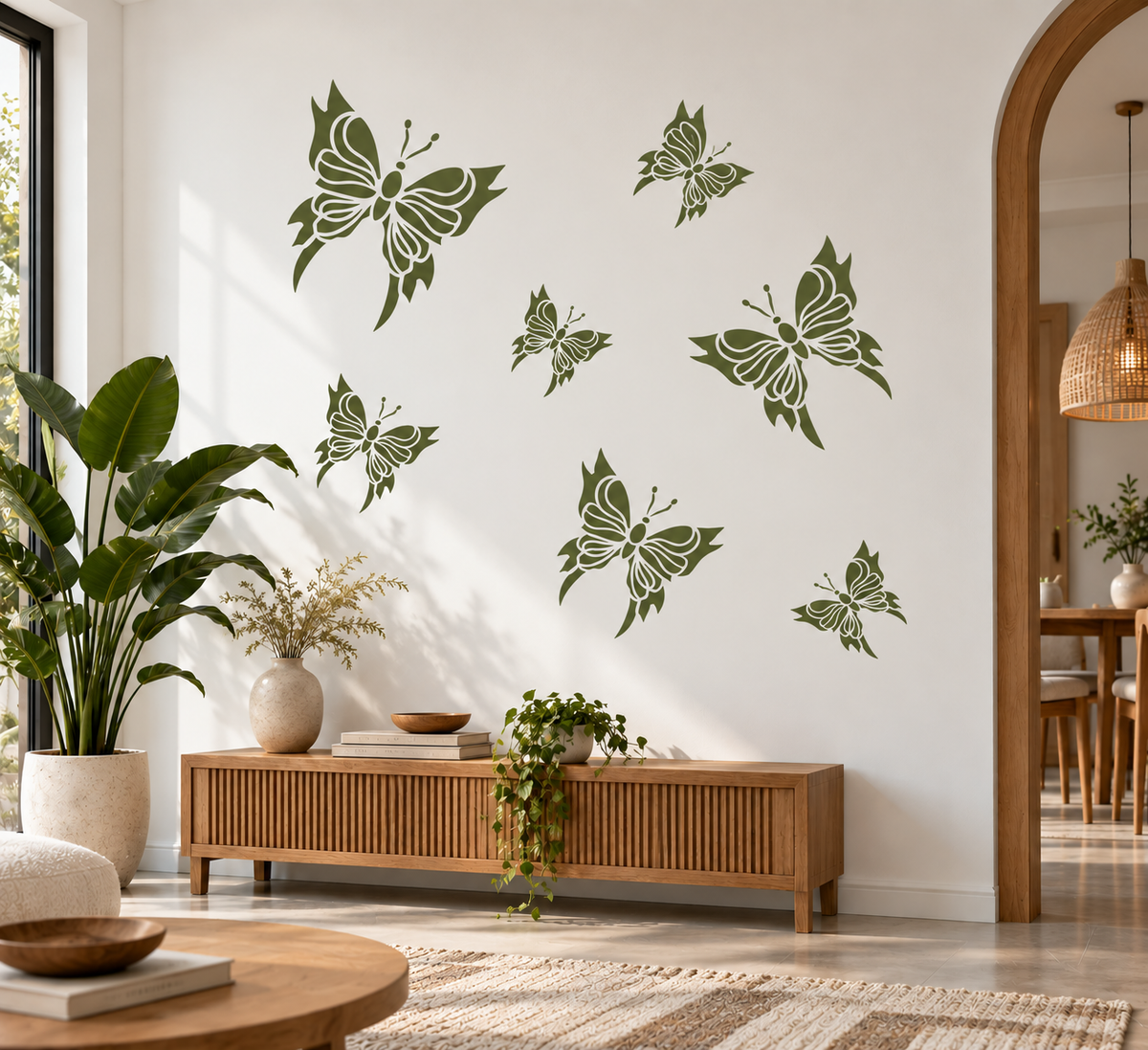 Green butterfly stencil set scattered across a bright white wall in a natural interior with wooden furniture and lush plants.