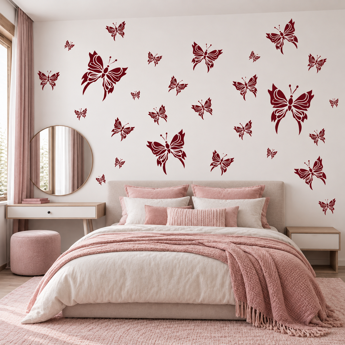 Pink butterfly stencil set in multiple sizes decorating the wall above a soft pink and white bed in a bright contemporary bedroom.