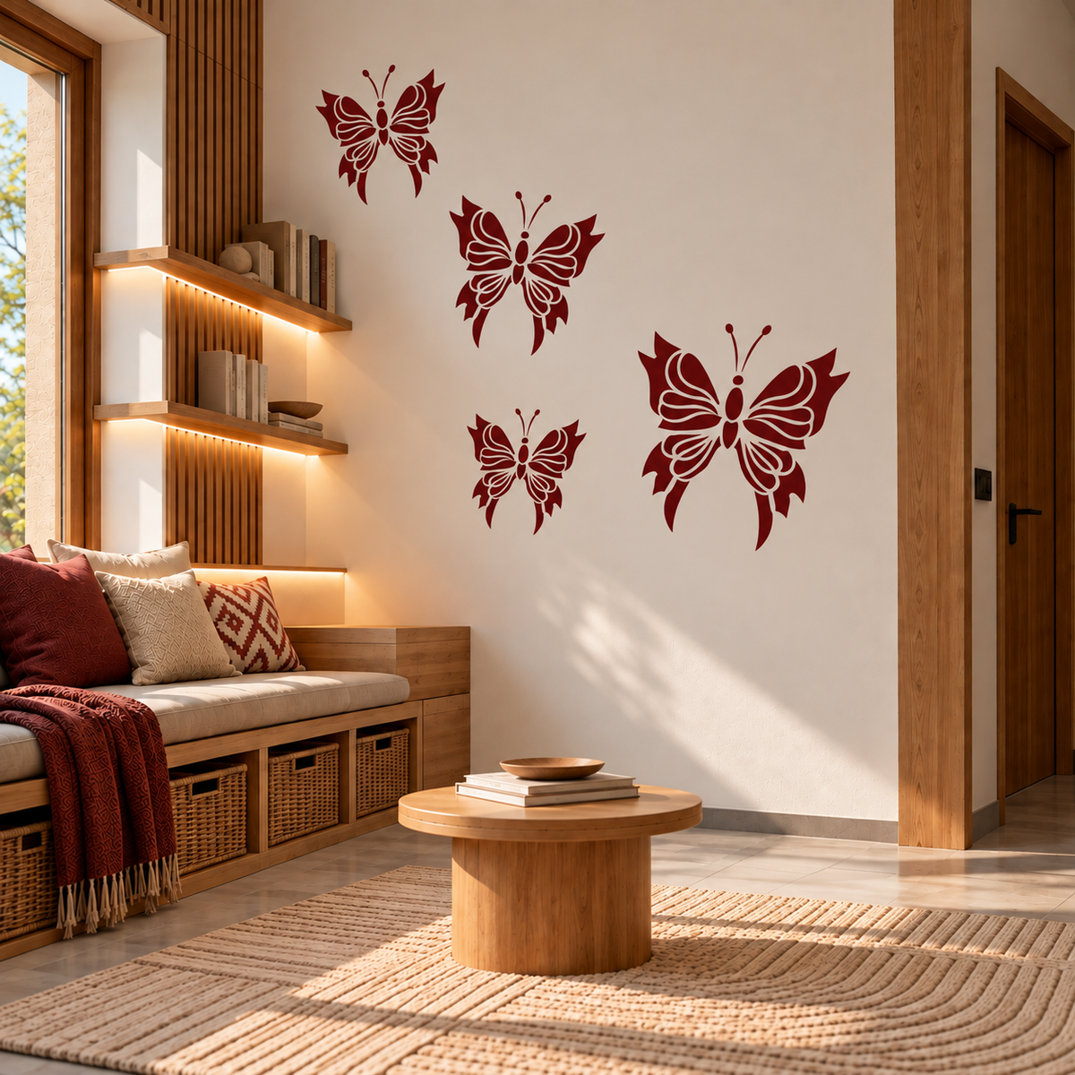 Red butterfly stencil set arranged in different sizes on a white wall in a warm modern living room with natural wood details.