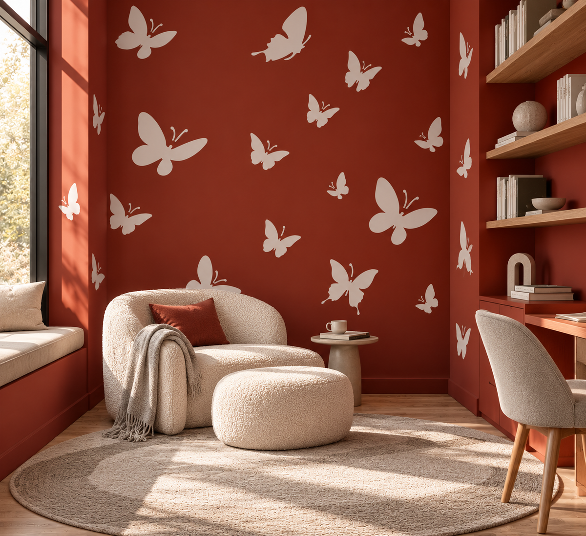 Butterfly Stencil in warm white on a red accent wall in a cozy home office