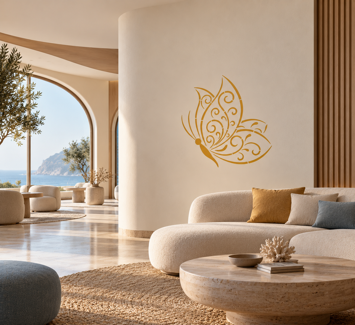 Butterfly Swirl Stencil in gold on a warm neutral wall in an elegant modern living room