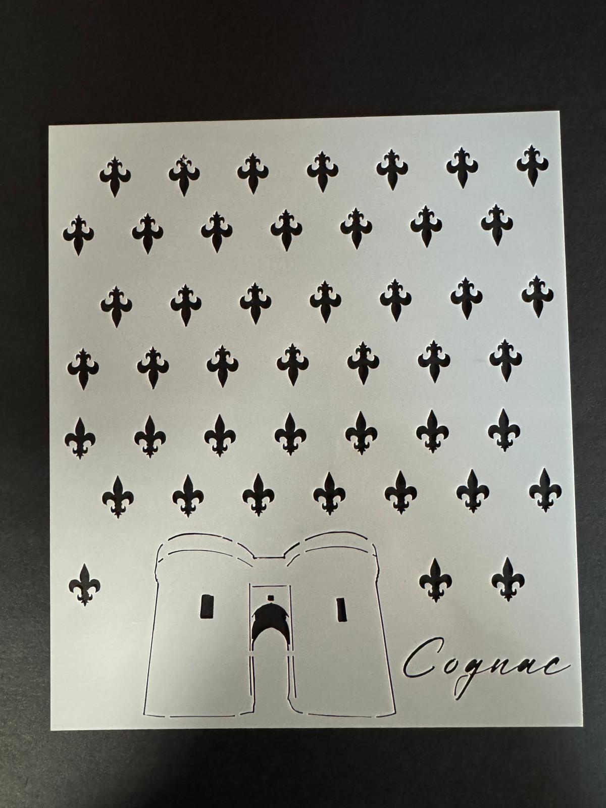 cake stencil with fleur de lis pattern and Cognac design for cake decorating