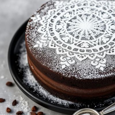 cake stencil mandala design with powdered sugar on chocolate cake