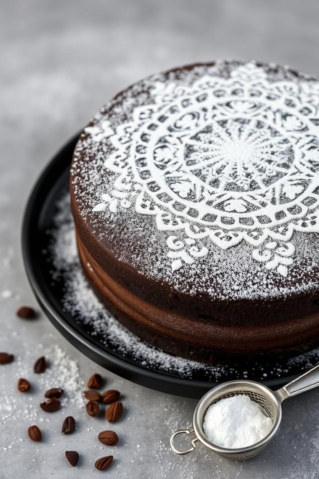 cake stencil mandala design with powdered sugar on chocolate cake