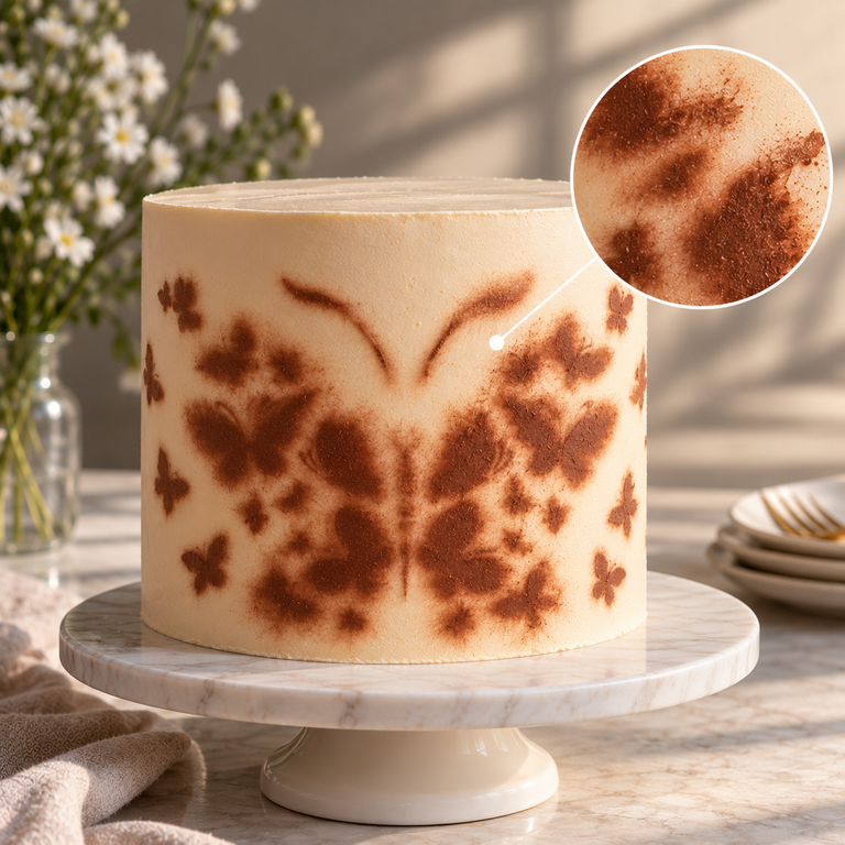 Cake stencil mistake showing a blurred butterfly pattern caused by uneven stencil application