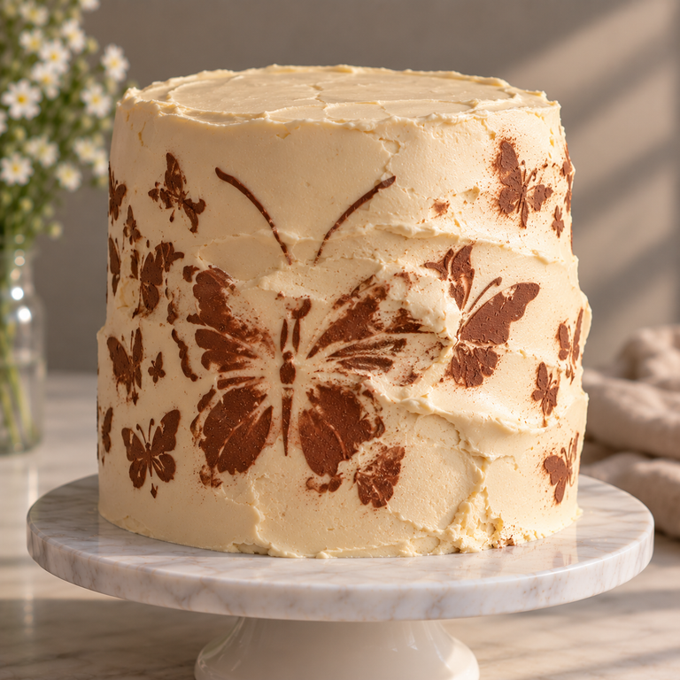 Cake stencil mistake showing an uneven butterfly design on a rough buttercream surface