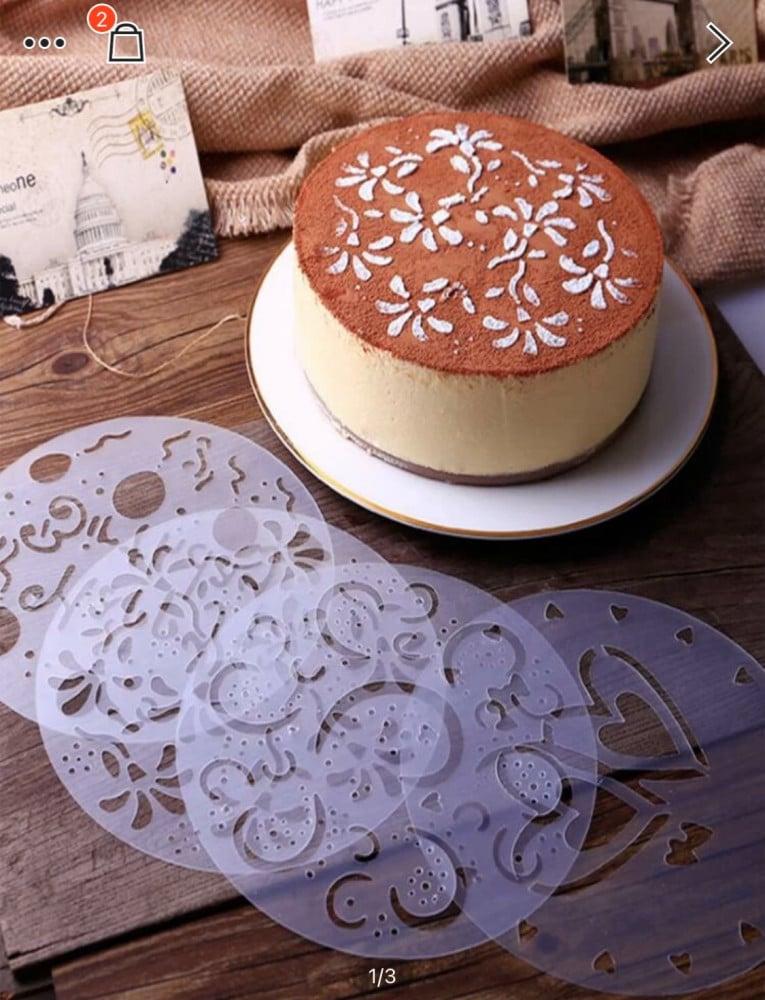 cake stencil set with round patterns used for decorating cake with powdered sugar design