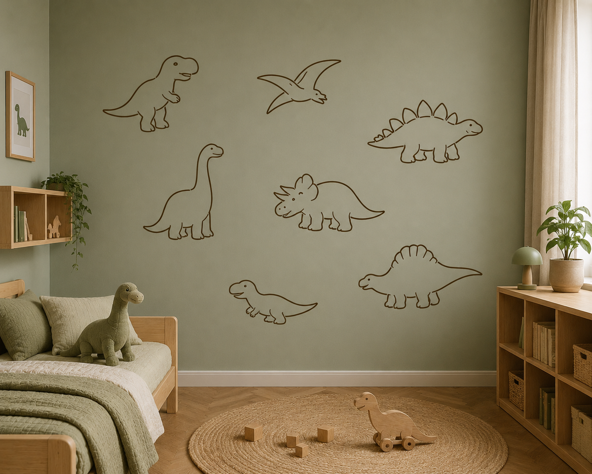 Cartoon Dinosaur Outline Stencil Set on a kids’ bedroom wall