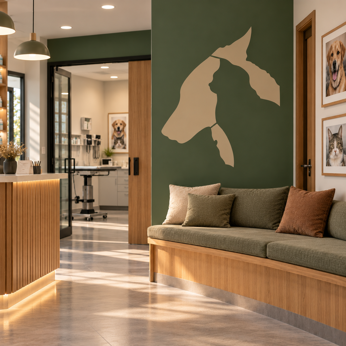 Cat and Dog Silhouette Stencil in beige featuring dog and cat profiles on an olive green accent wall in a pet clinic waiting room.