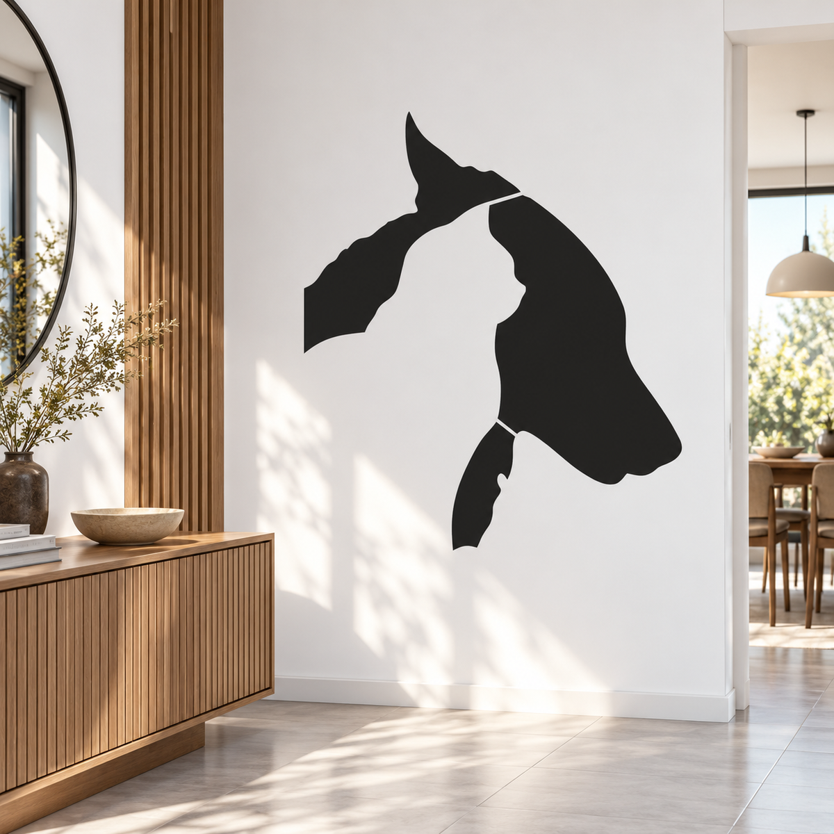 Cat and Dog Silhouette Stencil in black featuring overlapping dog and cat silhouettes on a white wall in a bright modern entryway.
