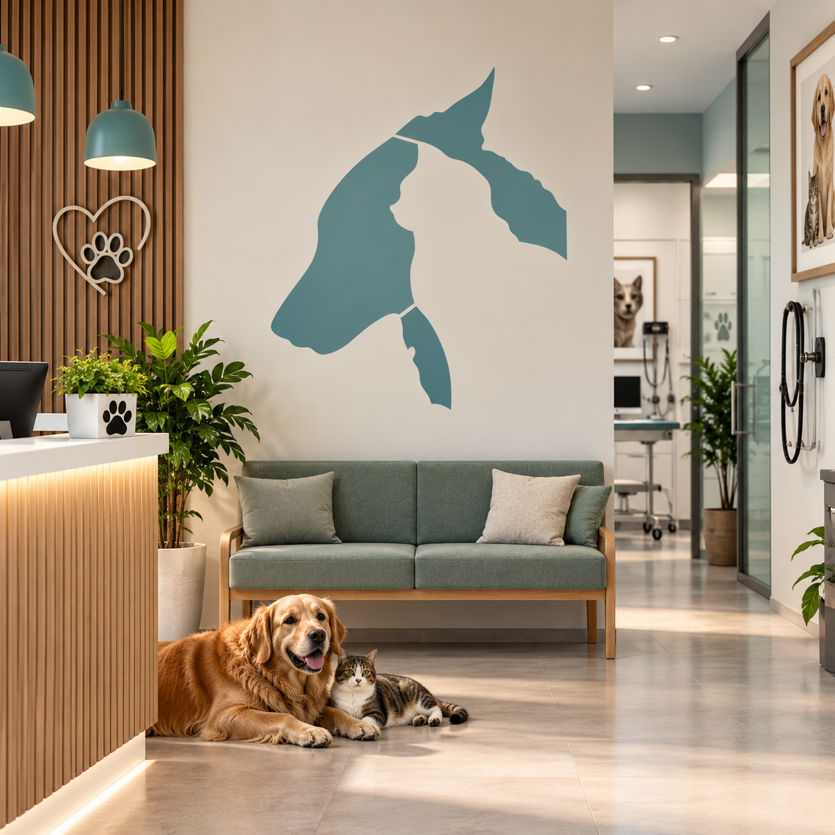 Cat and Dog Silhouette Stencil in teal on a white wall above a waiting area sofa in a modern veterinary clinic with a dog and cat.