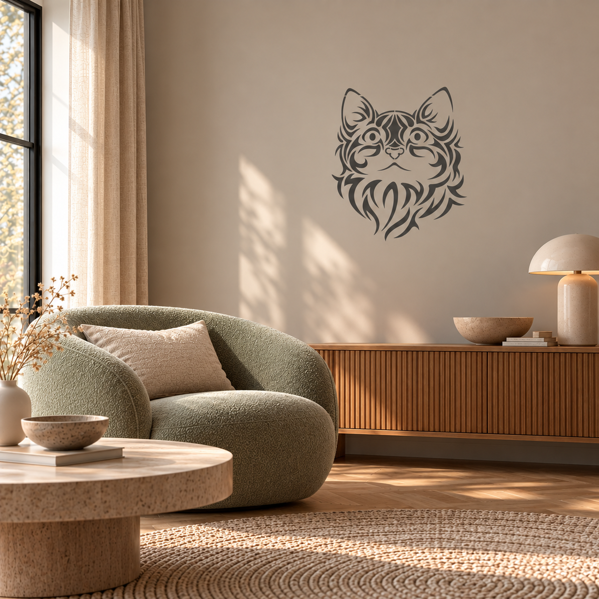 Cat Face Stencil in charcoal gray featuring a decorative cat portrait on a warm beige wall above a wooden sideboard in a cozy modern living room.
