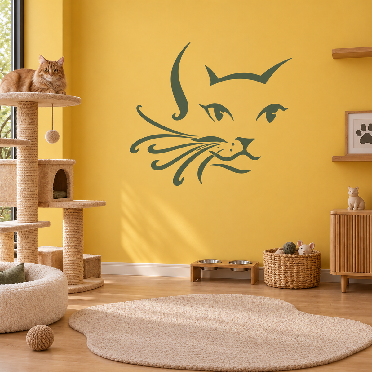 Cat Face Stencil in dark green on a yellow wall in a modern cat room