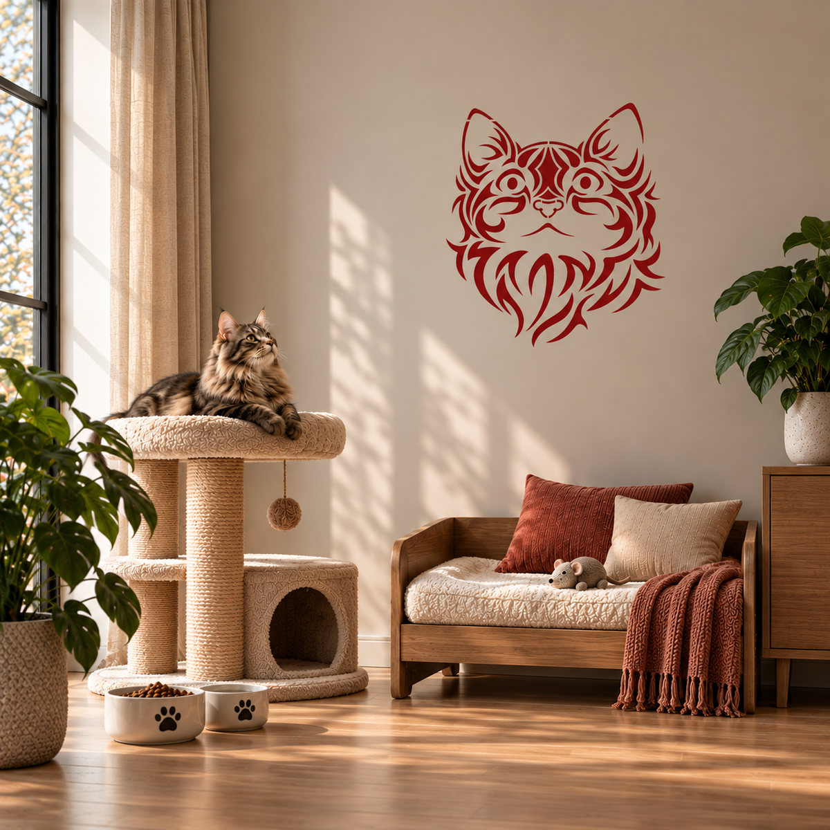 Cat Face Stencil in deep red featuring a decorative cat portrait on a beige wall in a cozy cat room with a cat tree and a fluffy tabby cat.