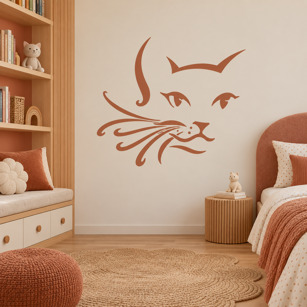 Cat Face Stencil in terracotta on a neutral wall in a warm girls bedroom