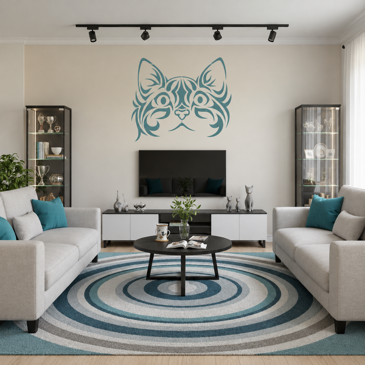Cat Face Stencil in turquoise featuring a stylized cat face on a white wall above the TV in a contemporary living room.