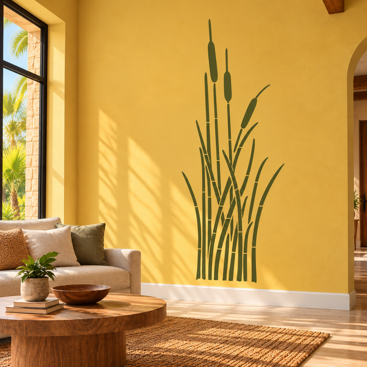 Cattail reed wall stencil in olive green featuring tall marsh grasses on a mustard yellow living room wall