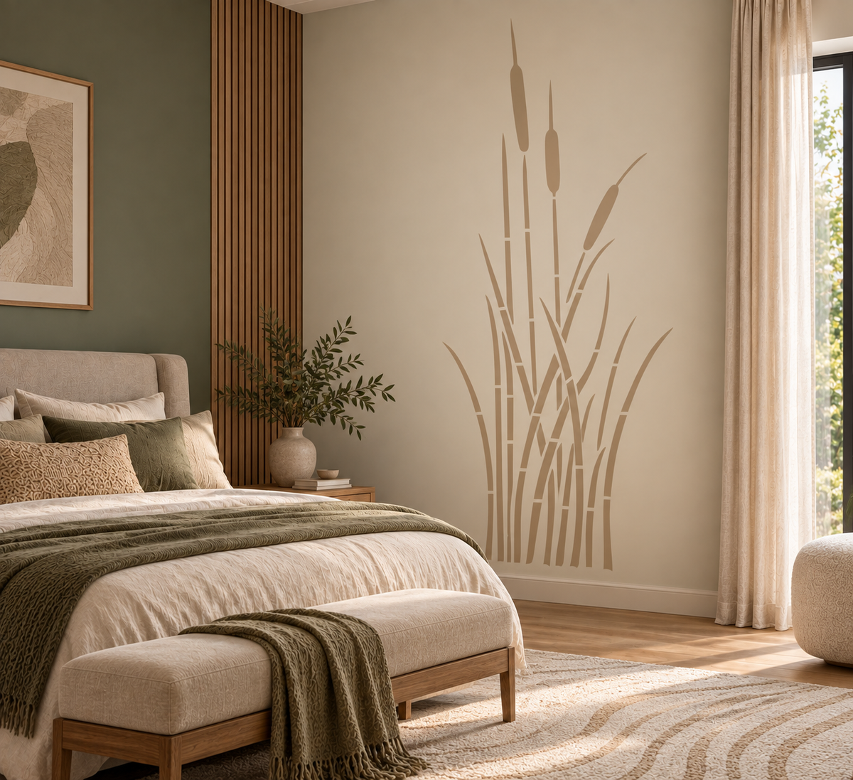 Cattail reed wall stencil in warm tan featuring tall marsh grasses on a neutral bedroom accent wall