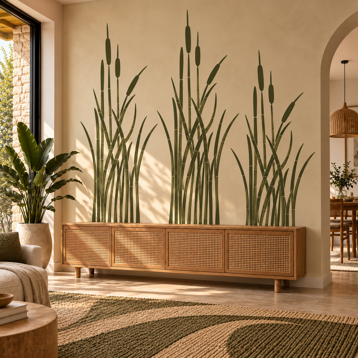 Cattail wall stencil in olive green featuring repeating tall marsh plants above a wooden console in a warm living room