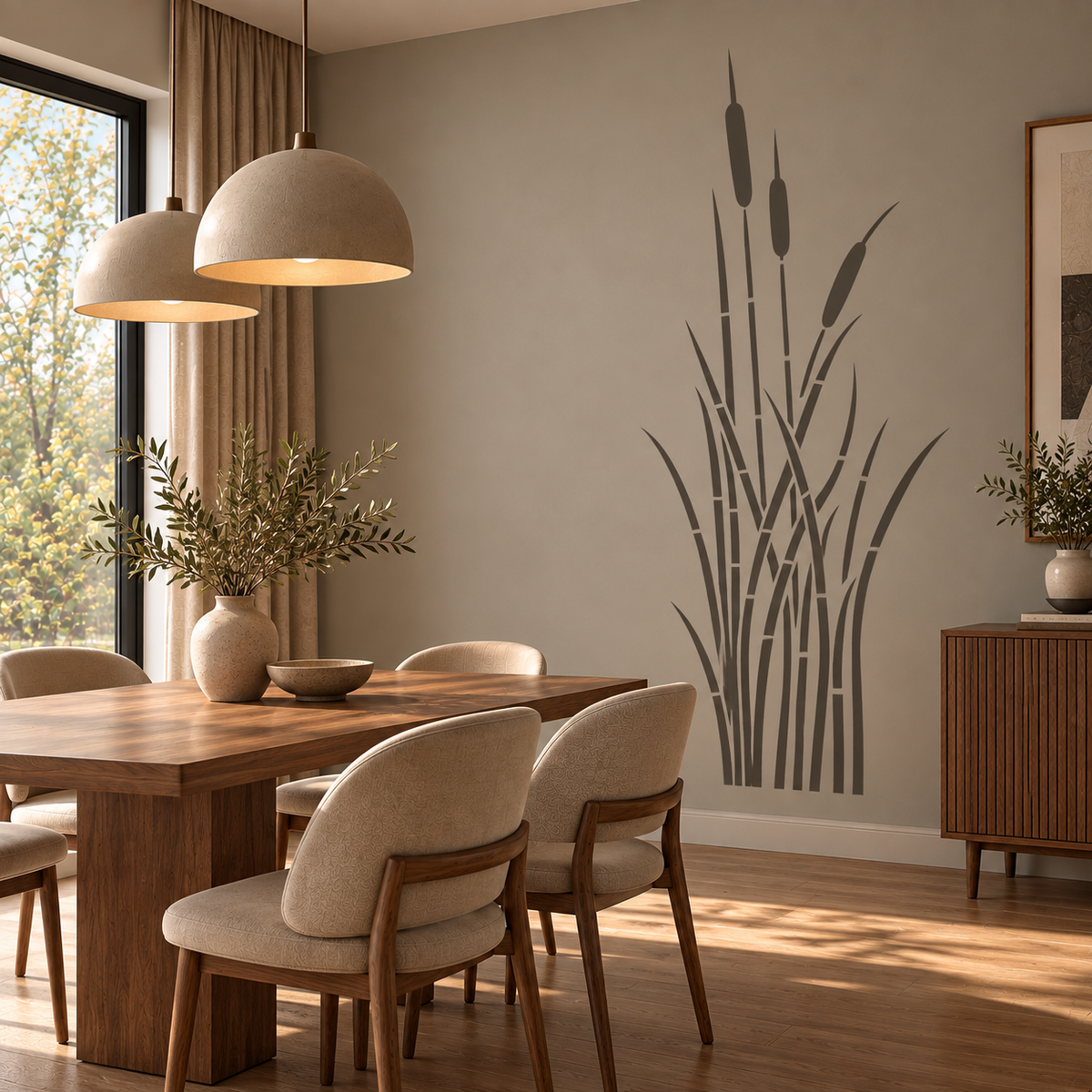 Cattail wall stencil in warm gray featuring tall marsh plants on a neutral dining room wall