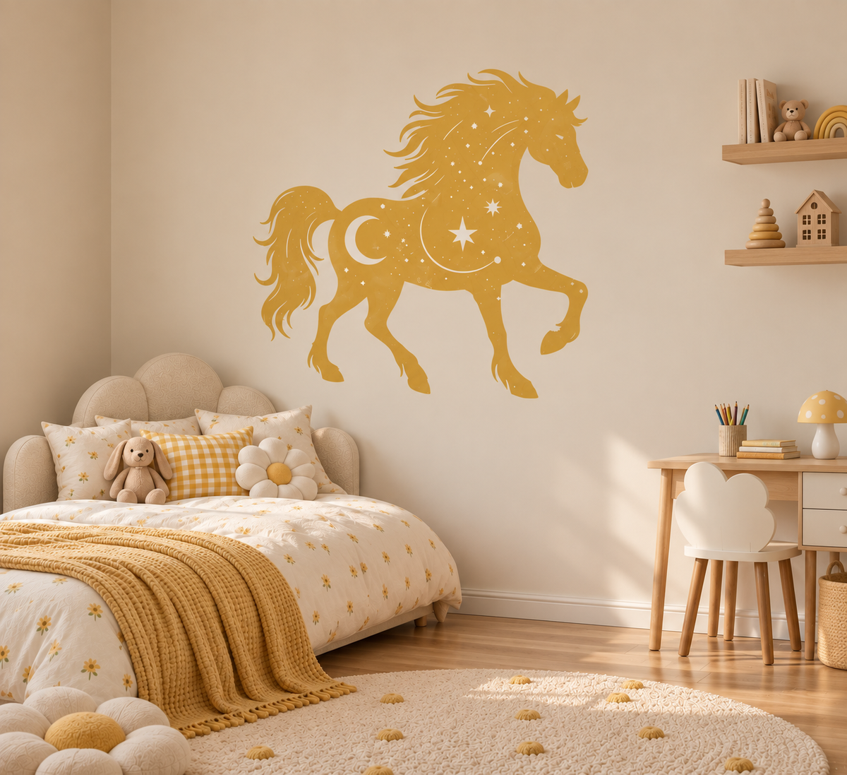 Mustard yellow celestial horse wall stencil with moon, stars and constellation details painted above a bed in a cozy girls bedroom, perfect for magical horse nursery wall decor.