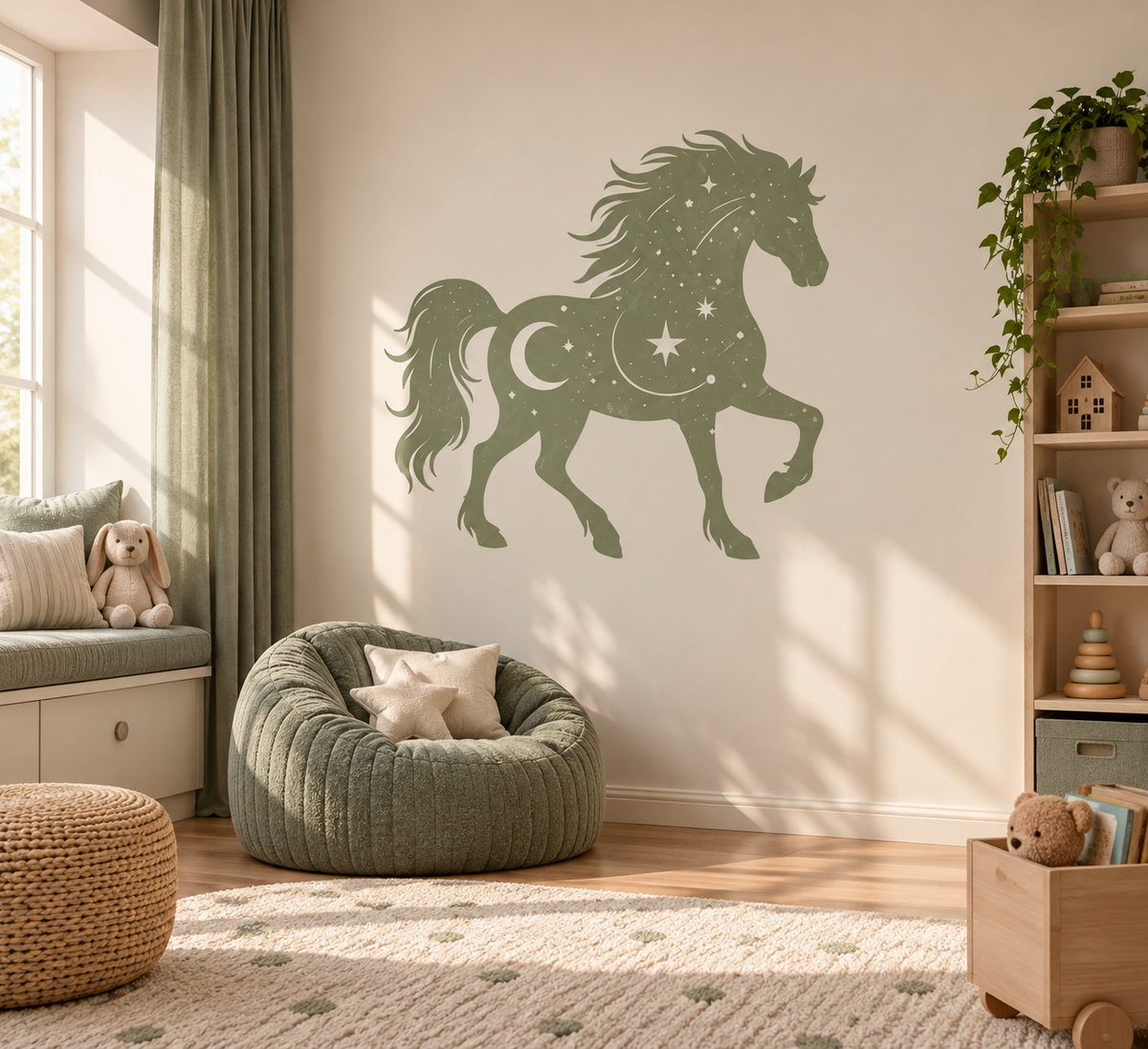 Sage green celestial horse wall stencil with moon and stars painted in a cozy kids bedroom, creating magical horse themed nursery and children’s room wall decor.