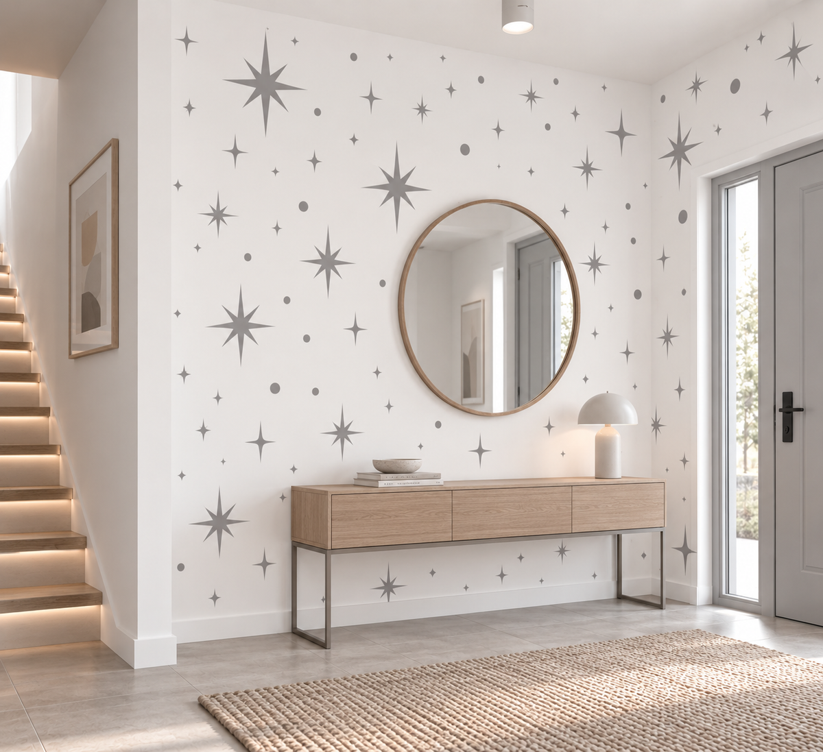 Gray celestial starburst wall stencil pattern with stars and dots on a white wall in a modern entryway.