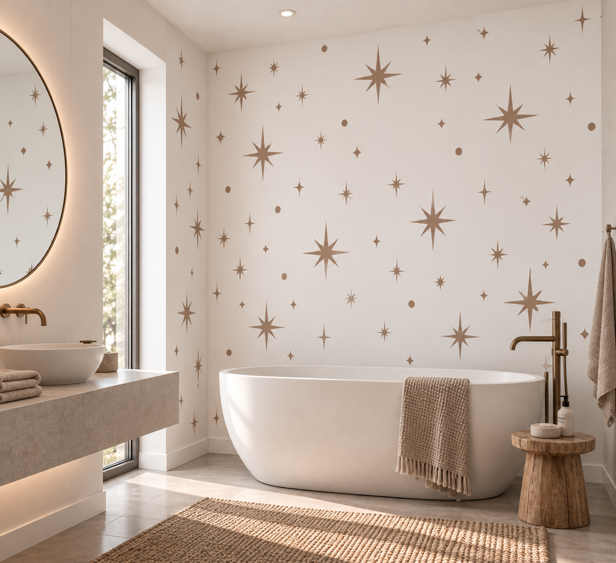 Warm taupe celestial starburst wall stencil pattern with stars and dots in a bright modern neutral bathroom.