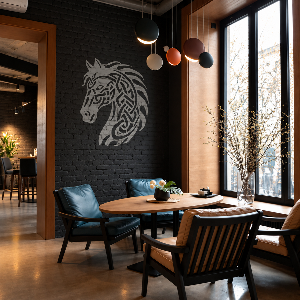 Celtic horse head stencil with knotwork design on a black brick wall in a modern equestrian interior