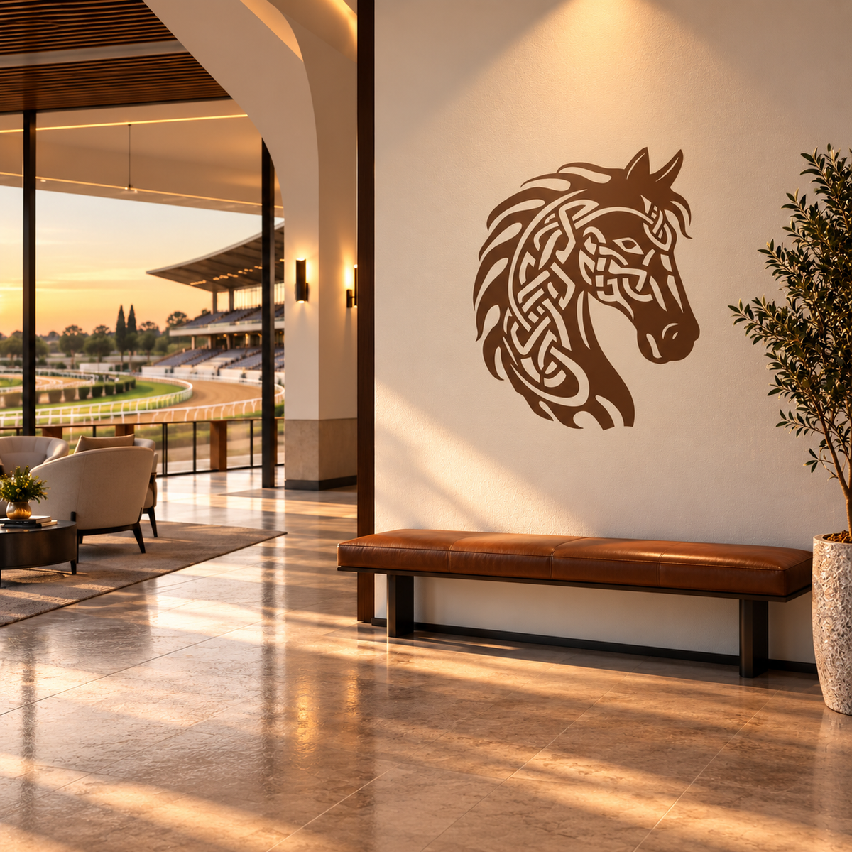 Celtic horse head stencil on a light wall in a sophisticated equestrian lounge overlooking a racetrack