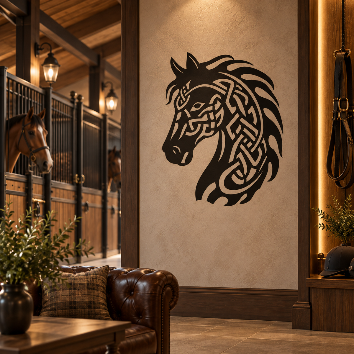 Black Celtic horse head stencil with intricate knotwork on a light wall inside an elegant horse stable