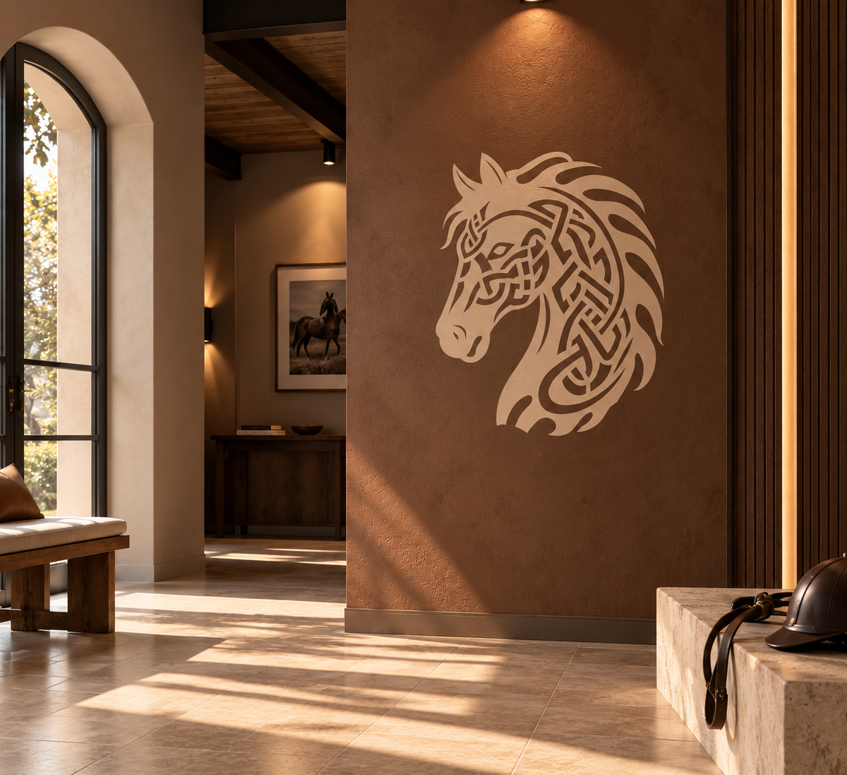Celtic horse head stencil displayed on a warm brown wall in an elegant equestrian inspired interior