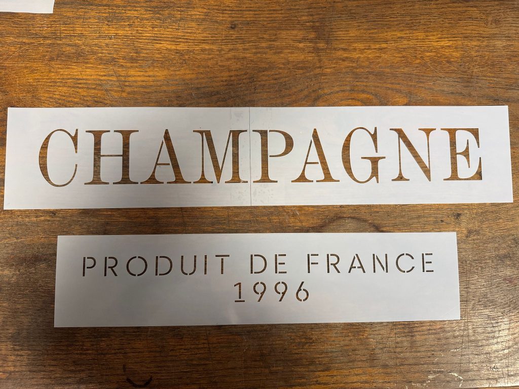 Vintage letter stencils CHAMPAGNE and PRODUIT DE FRANCE 1996 cut in reusable Mylar for wood painting