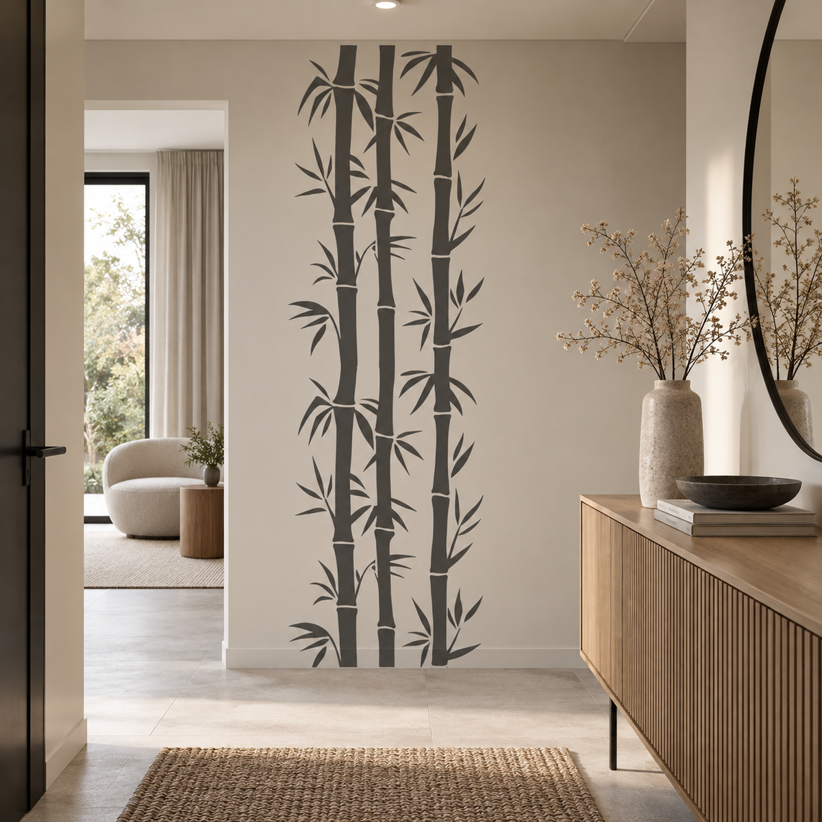 Charcoal bamboo stencil creating a botanical accent wall in a minimalist hallway.