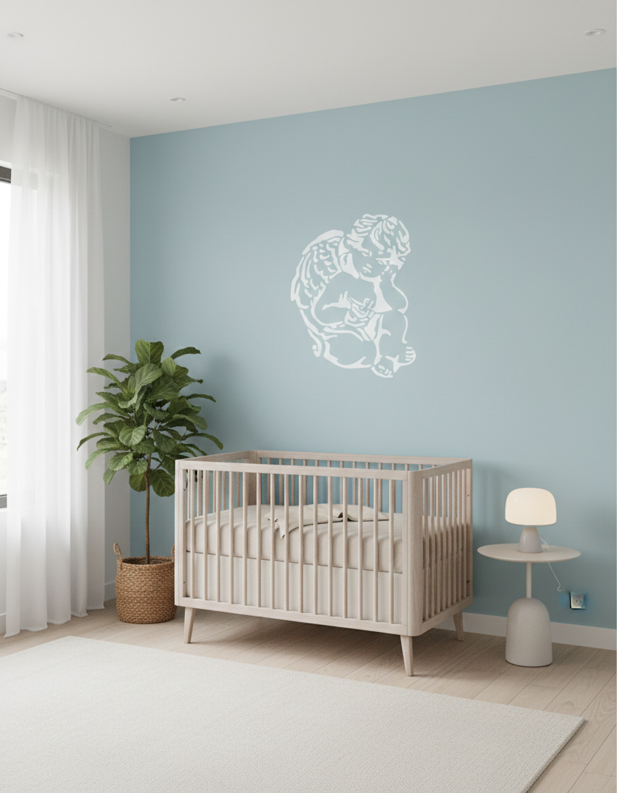 Cherub angel wall stencil used as nursery wall decor