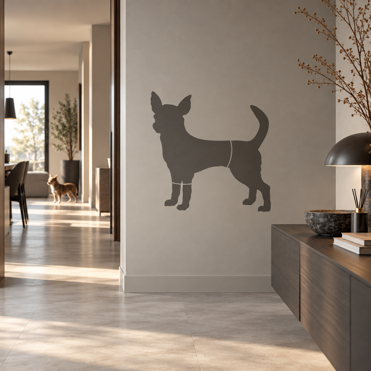 Chihuahua Dog Stencil in charcoal gray on a light neutral wall in a modern hallway