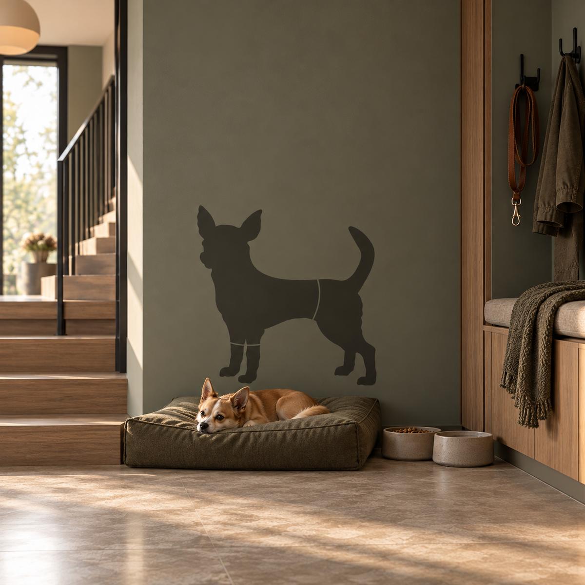 Chihuahua Dog Stencil in dark gray on an olive green wall above a dog bed in a modern hallway