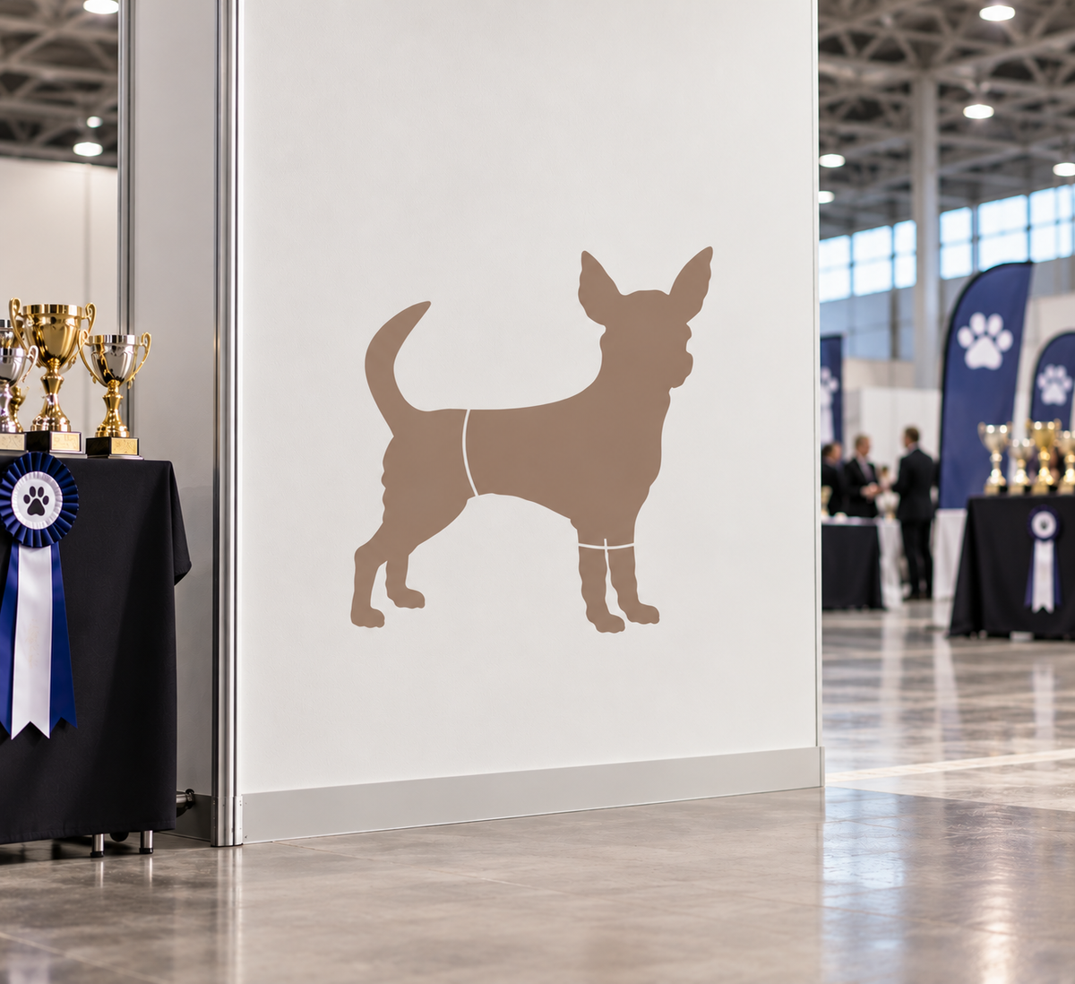 Chihuahua Dog Stencil in taupe on a white display wall at a dog show with trophies