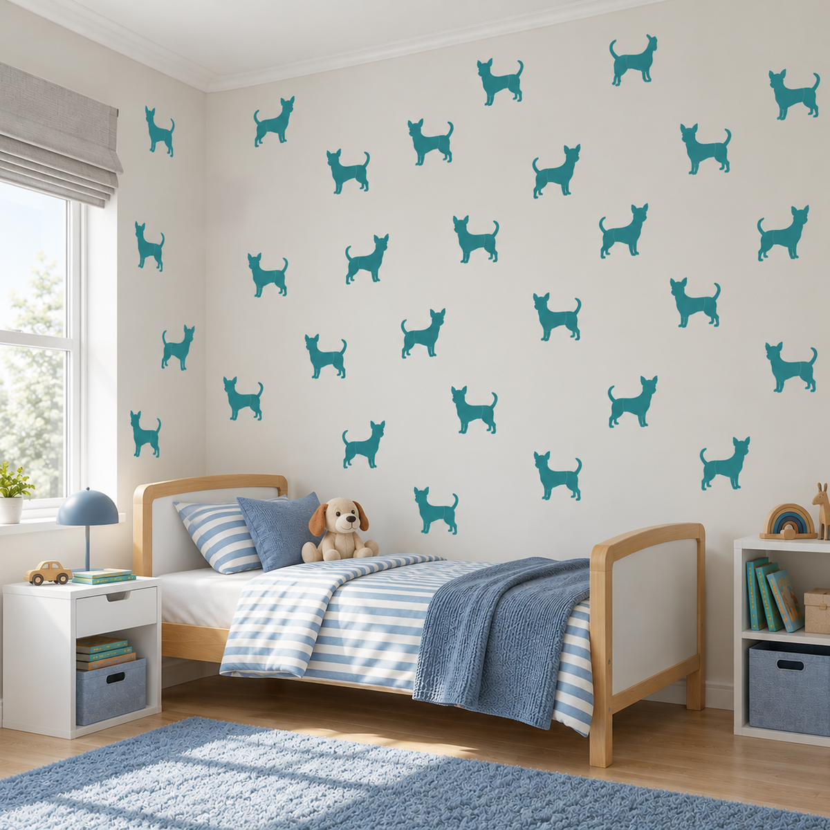Repeating Chihuahua Dog Stencil pattern in turquoise on white walls in a bright kids bedroom