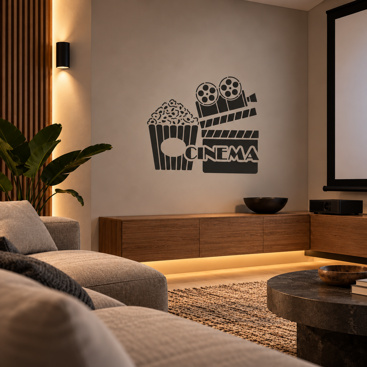 Black Cinema Stencil featuring a popcorn bucket and movie clapperboard on a beige wall beside a projector screen in a modern media room.