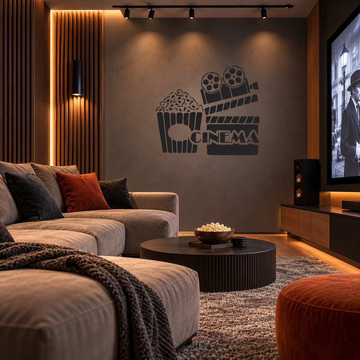 Black Cinema Stencil featuring popcorn, film reels and a clapperboard on a dark brown wall in a cozy home theater.
