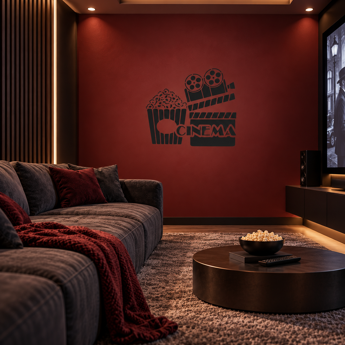 Black Cinema Stencil on a deep red wall in a home theater with a gray sofa and large movie screen.