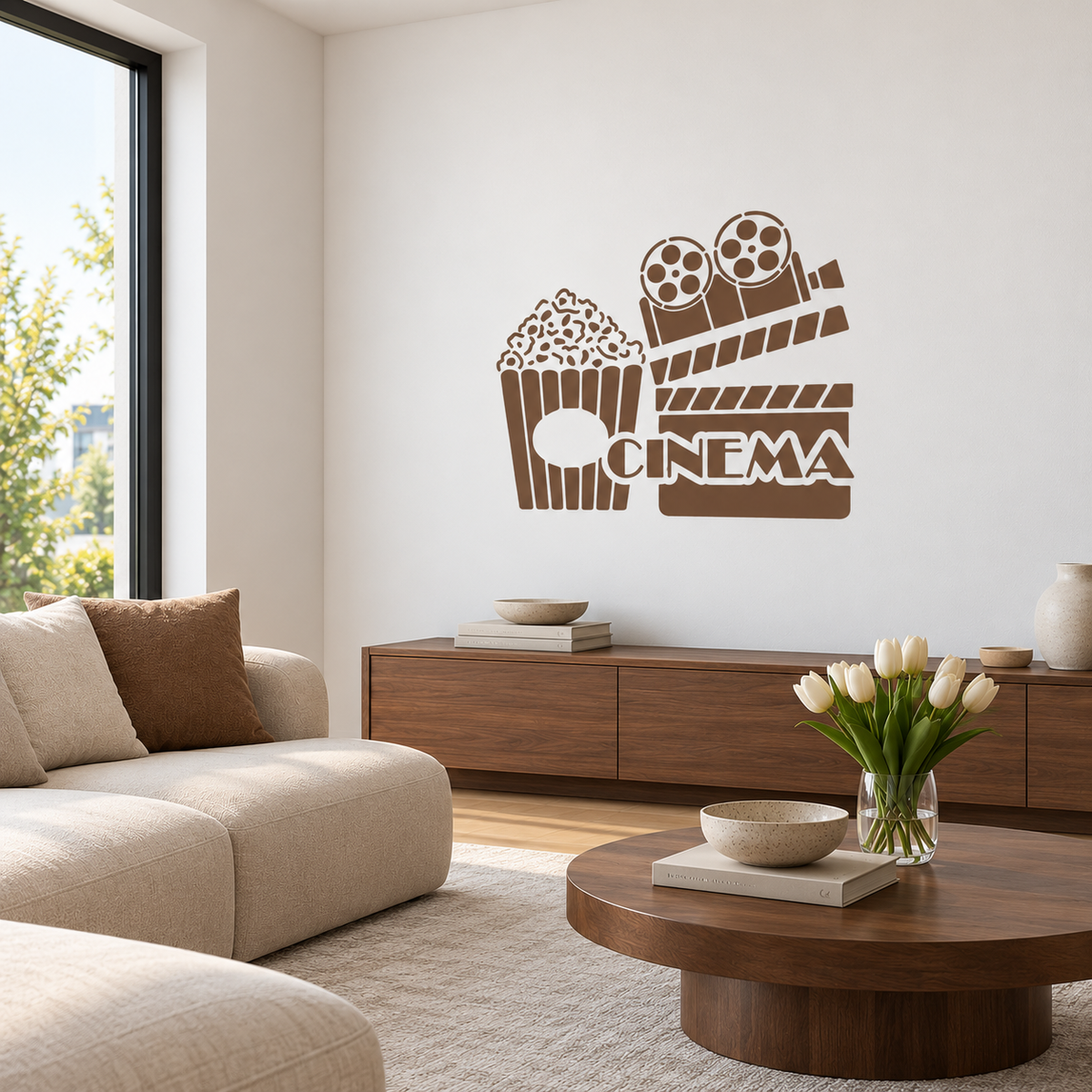 Brown Cinema Stencil with popcorn, film reels and a clapperboard on a white wall above a wooden cabinet in a modern living room.
