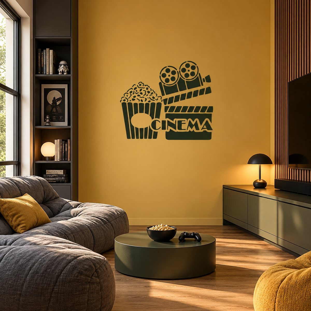 Dark green Cinema Stencil on a mustard yellow wall in a modern entertainment room with a gray sofa and television.