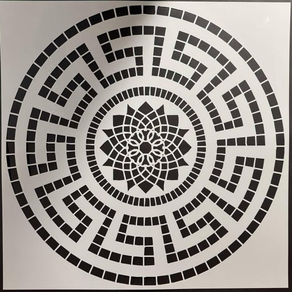 Large circular stencil featuring a mosaic-style mandala pattern with geometric rings and a detailed floral center.